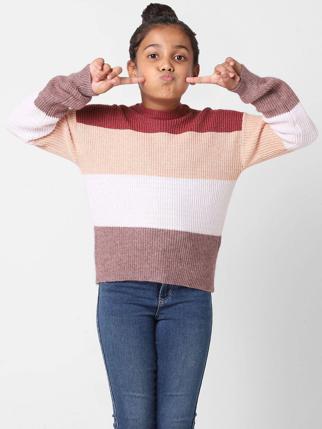 Girls Maroon Colourblocked Pullover