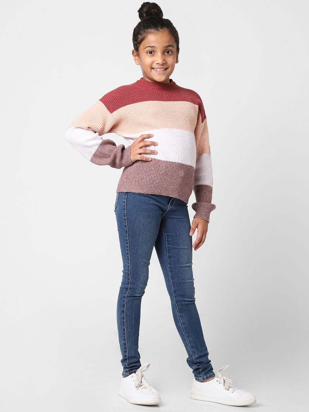 Girls Maroon Colourblocked Pullover