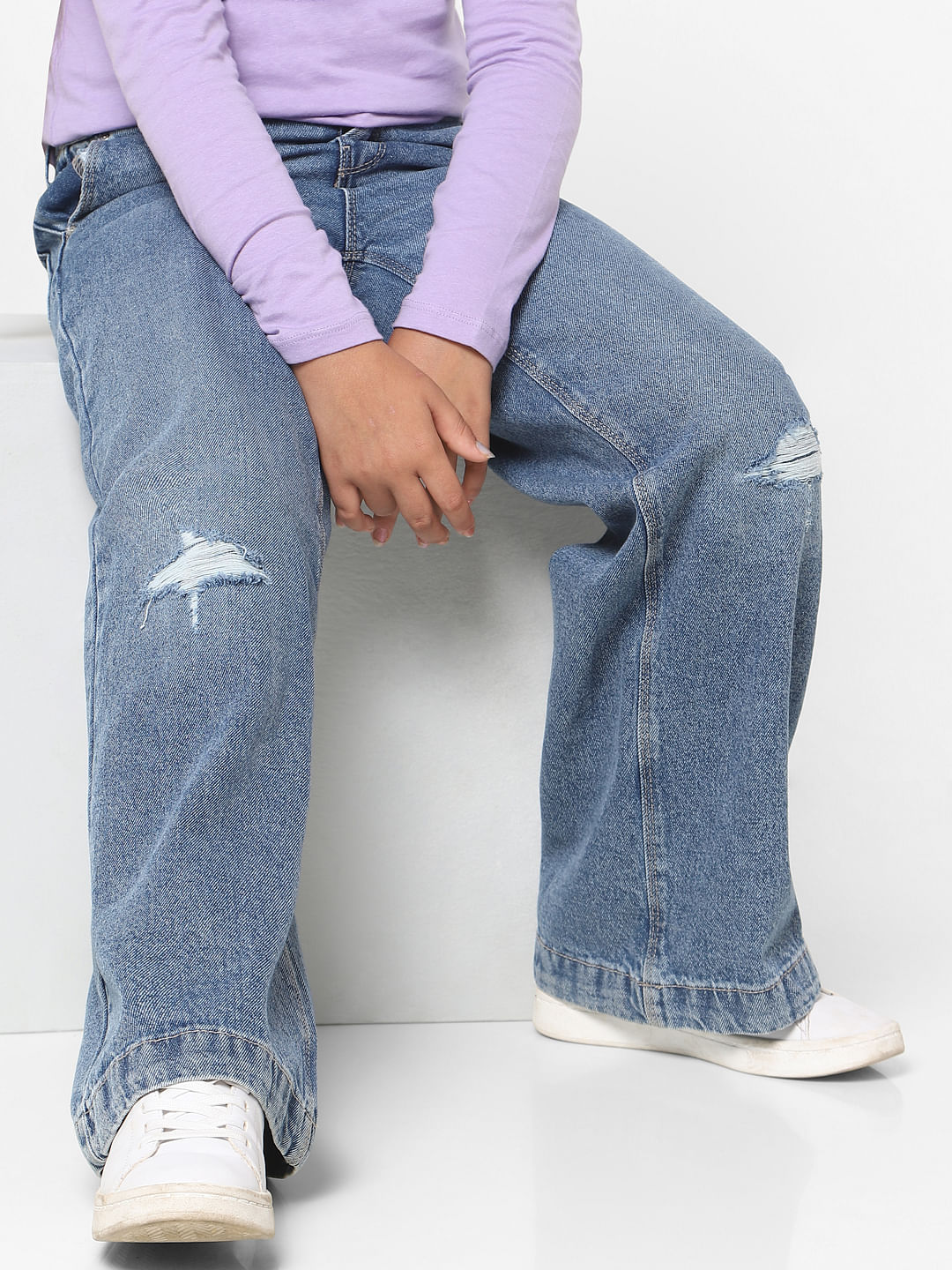 Girls Blue High Rise Wide Leg Jeans
