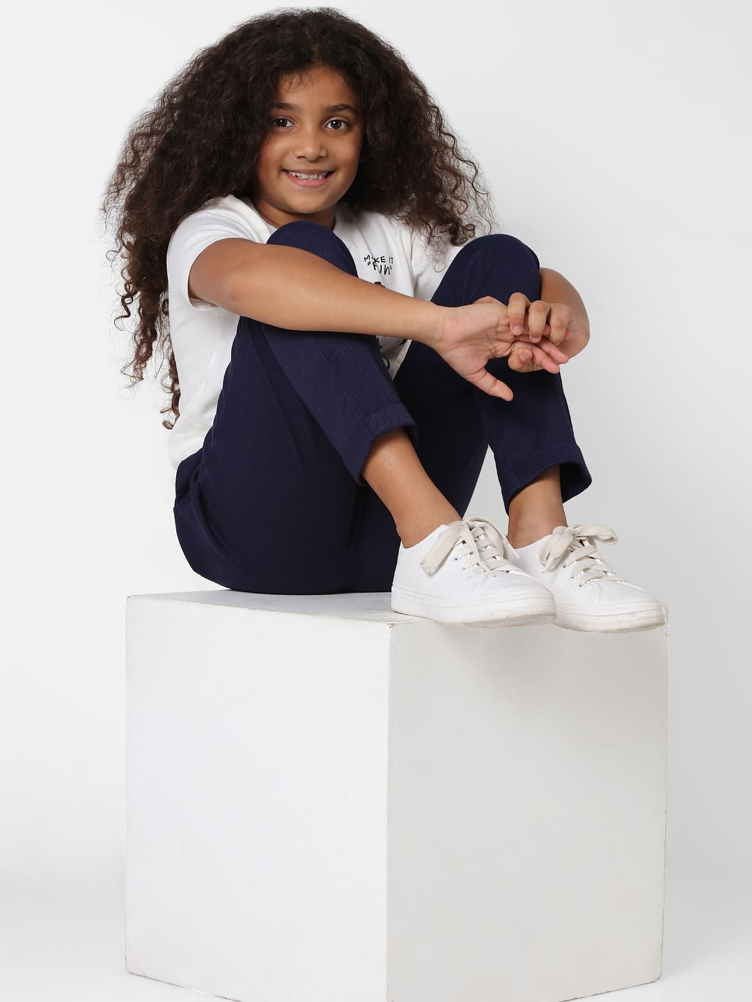 Girls Navy Blue High Rise Tailored Pants