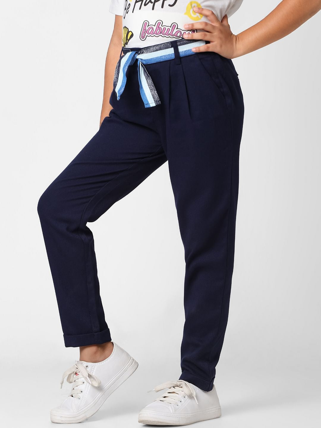 Girls Navy Blue High Rise Tailored Pants
