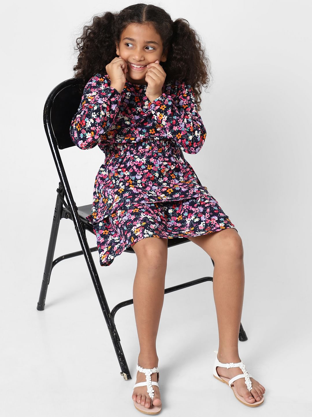 Girls Navy Blue Floral Layered Dress