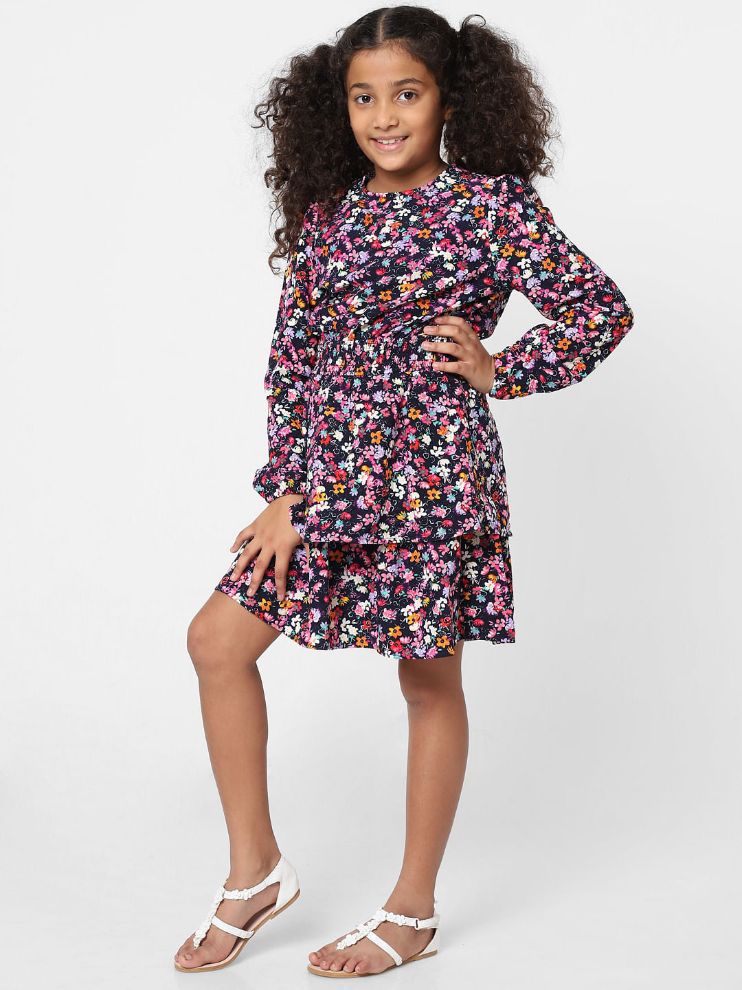 Girls Navy Blue Floral Layered Dress
