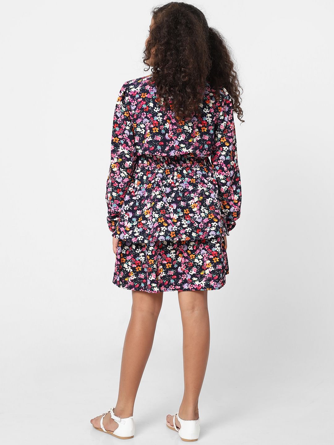 Girls Navy Blue Floral Layered Dress