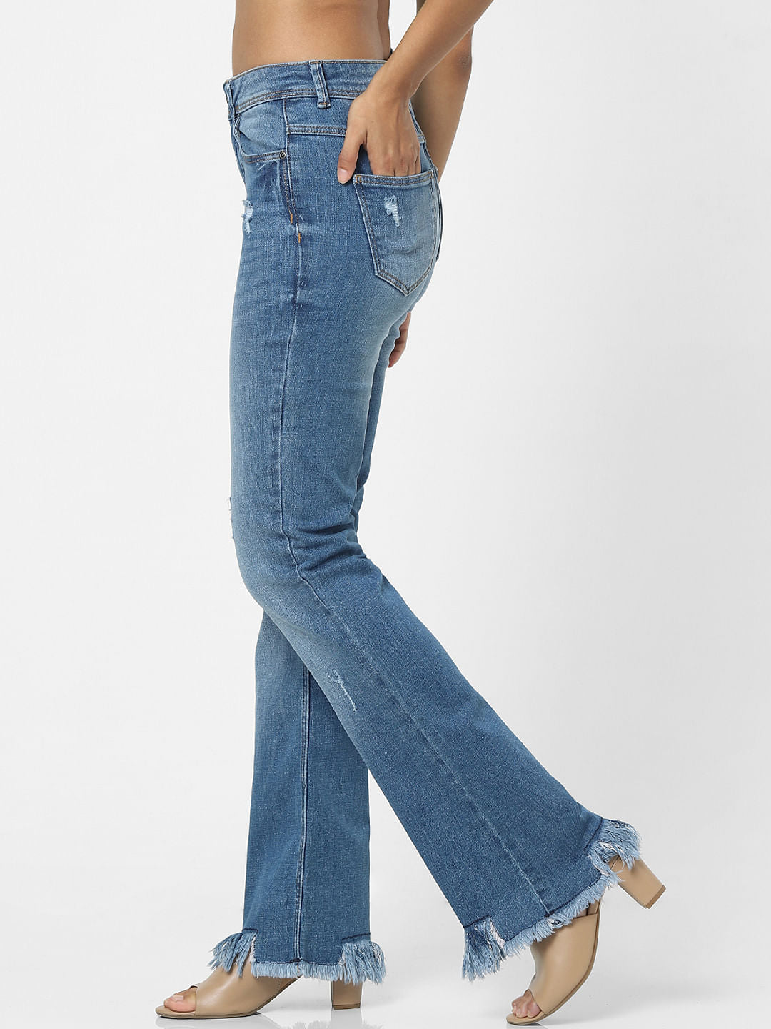 Blue High Waist Raw Edge Flared Jeans