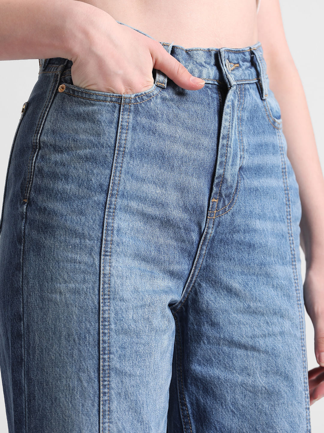 Blue High Rise Slit Straight Fit Jeans