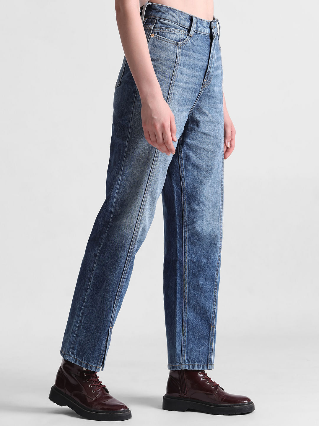 Blue High Rise Slit Straight Fit Jeans