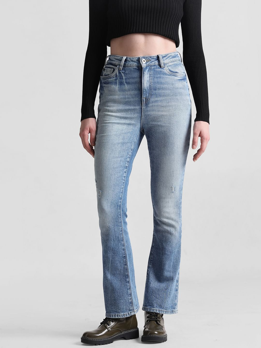 Blue High Rise Distressed Hella Flared Jeans