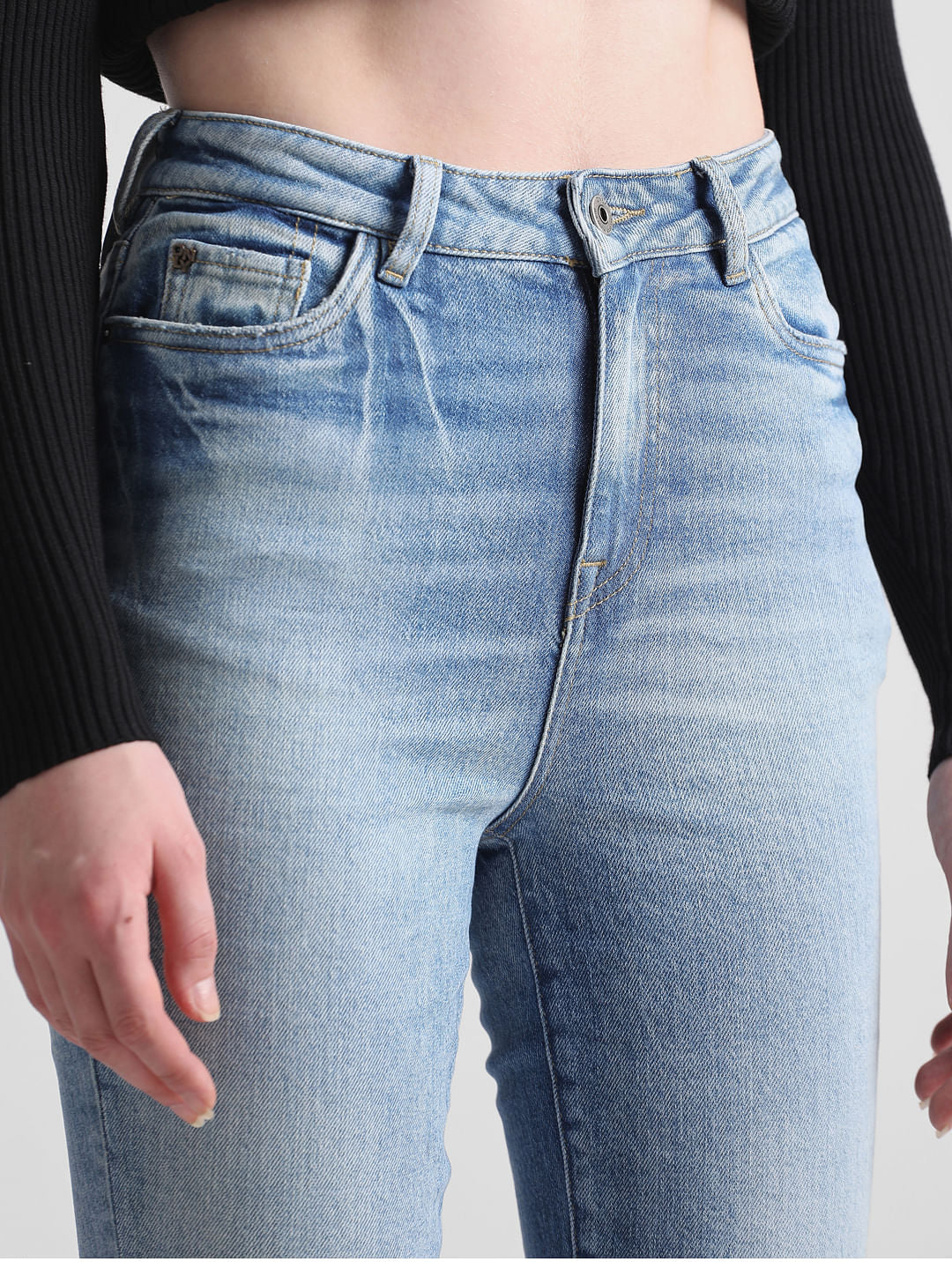 Blue High Rise Distressed Hella Flared Jeans