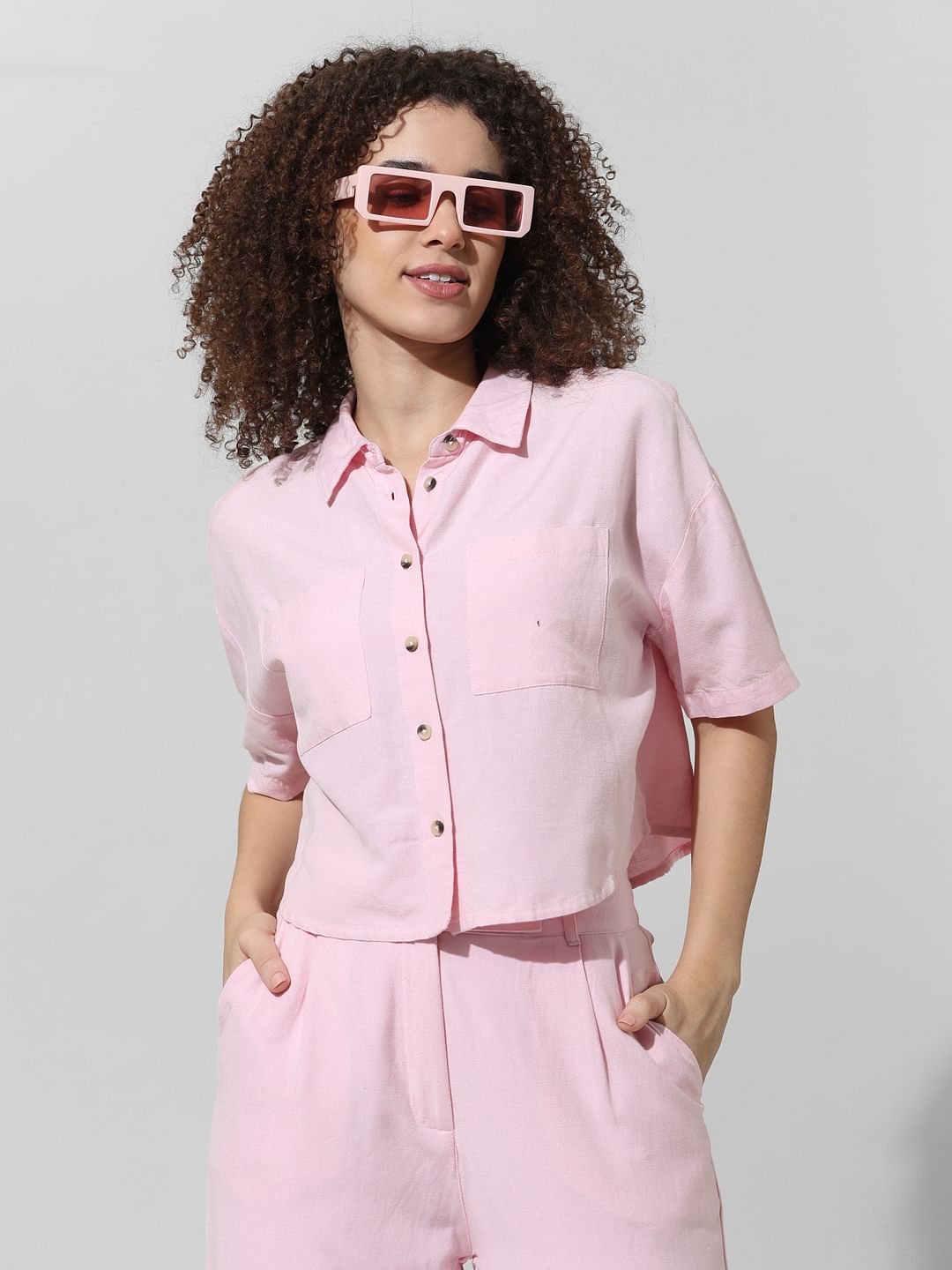 Pink Cropped Co-Ord Set Shirt