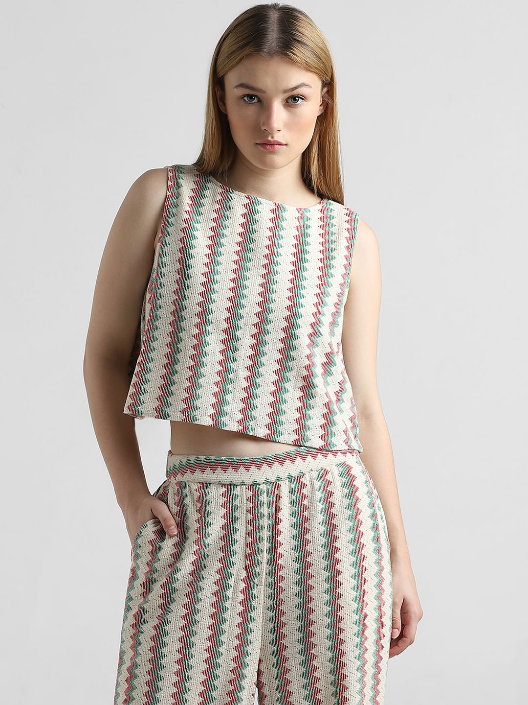 Green Textured Weave Striped Top