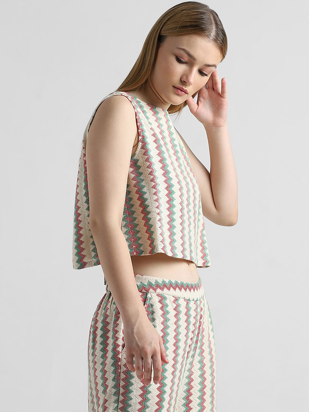Green Textured Weave Striped Top