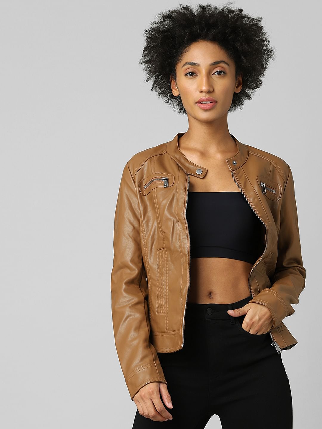 Brown Faux Leather Biker Jacket