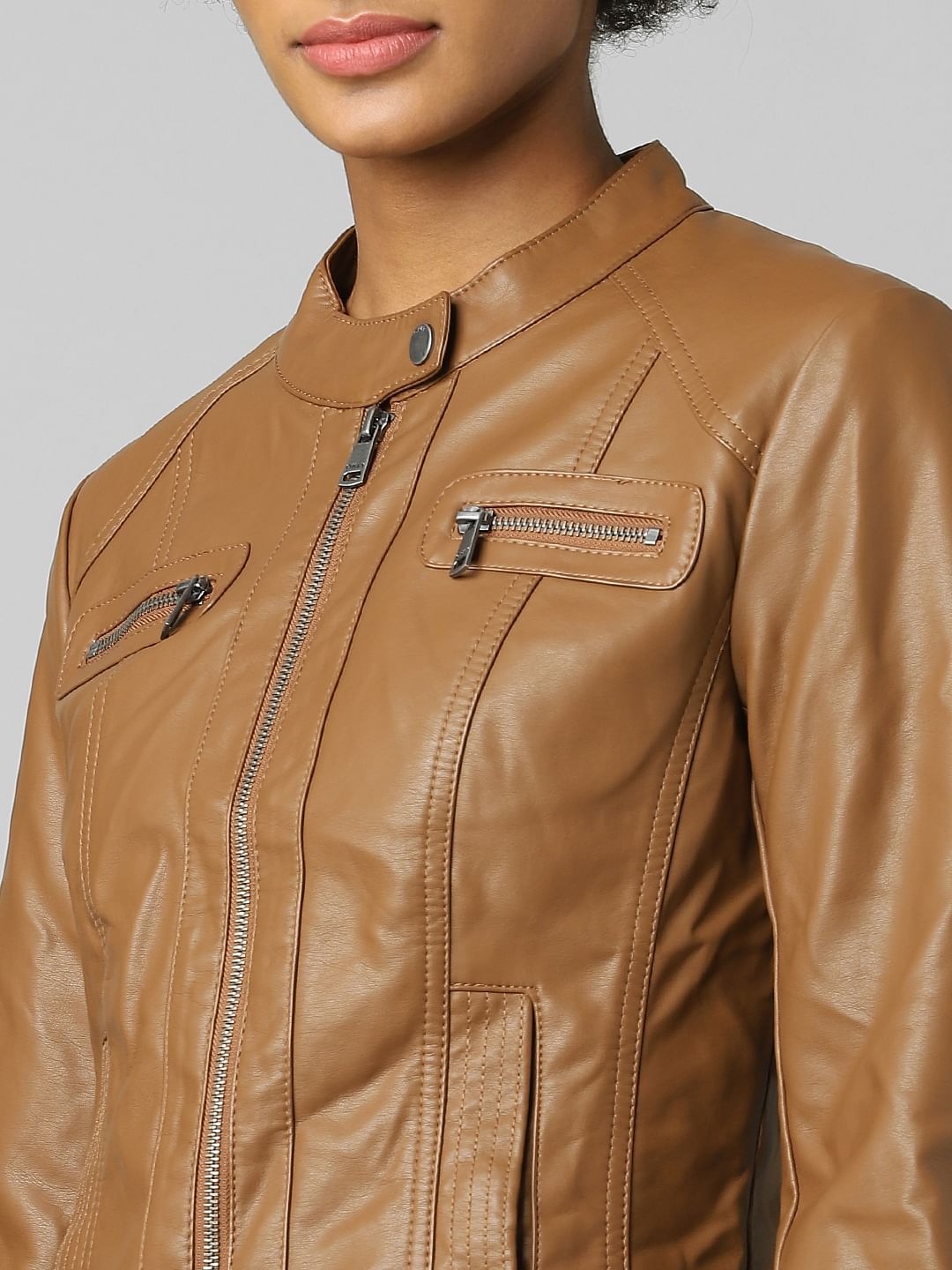 Brown Faux Leather Biker Jacket