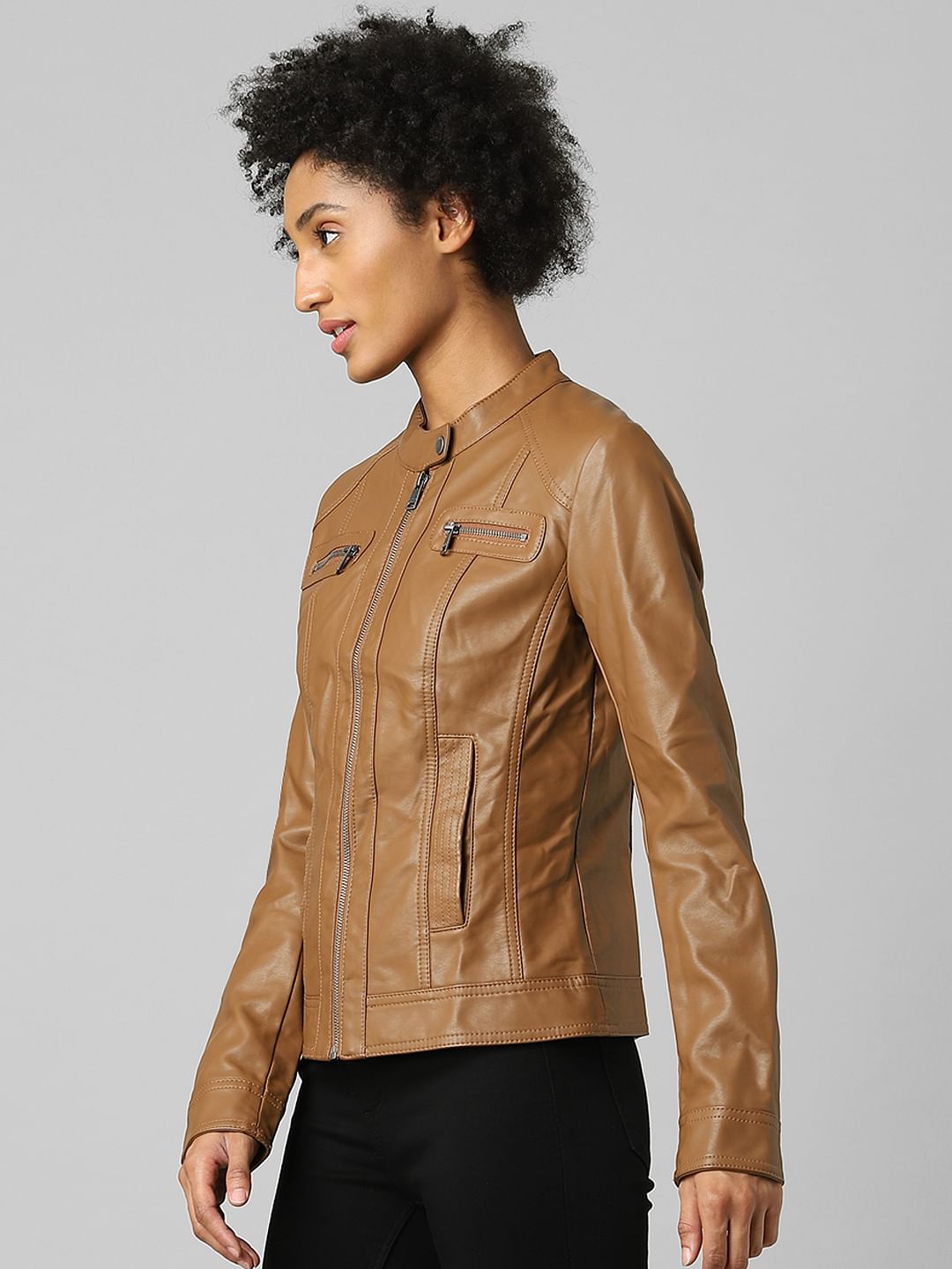 Brown Faux Leather Biker Jacket