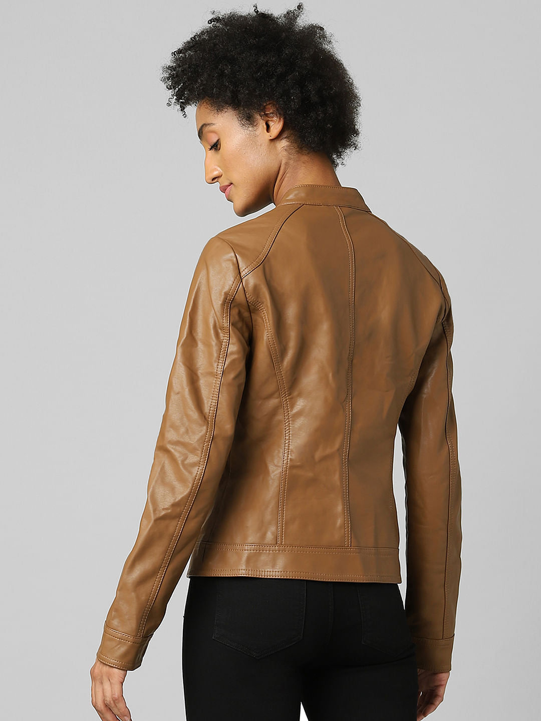 Brown Faux Leather Biker Jacket