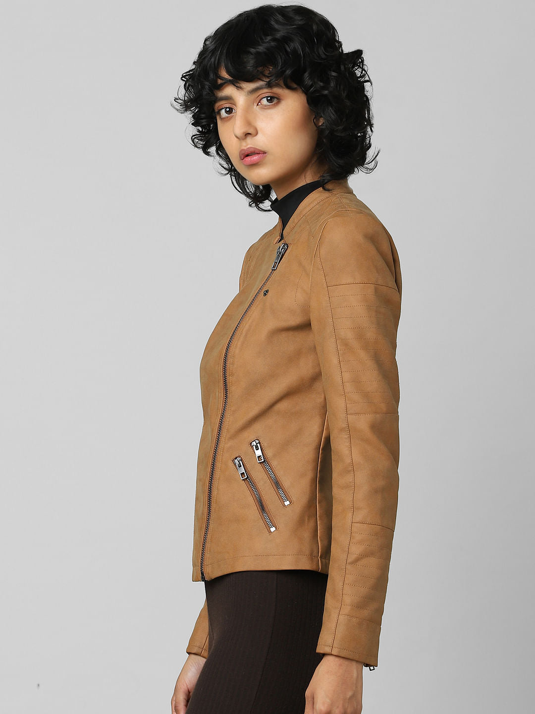 Brown Faux Leather Biker Jacket