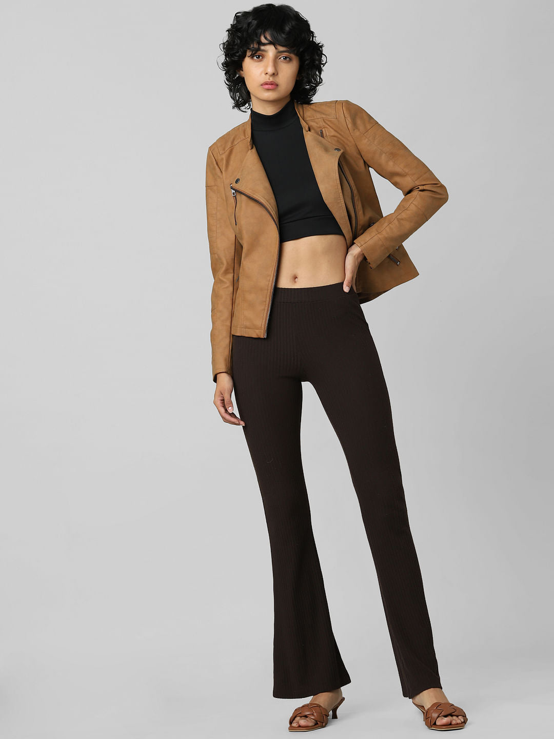 Brown Faux Leather Biker Jacket