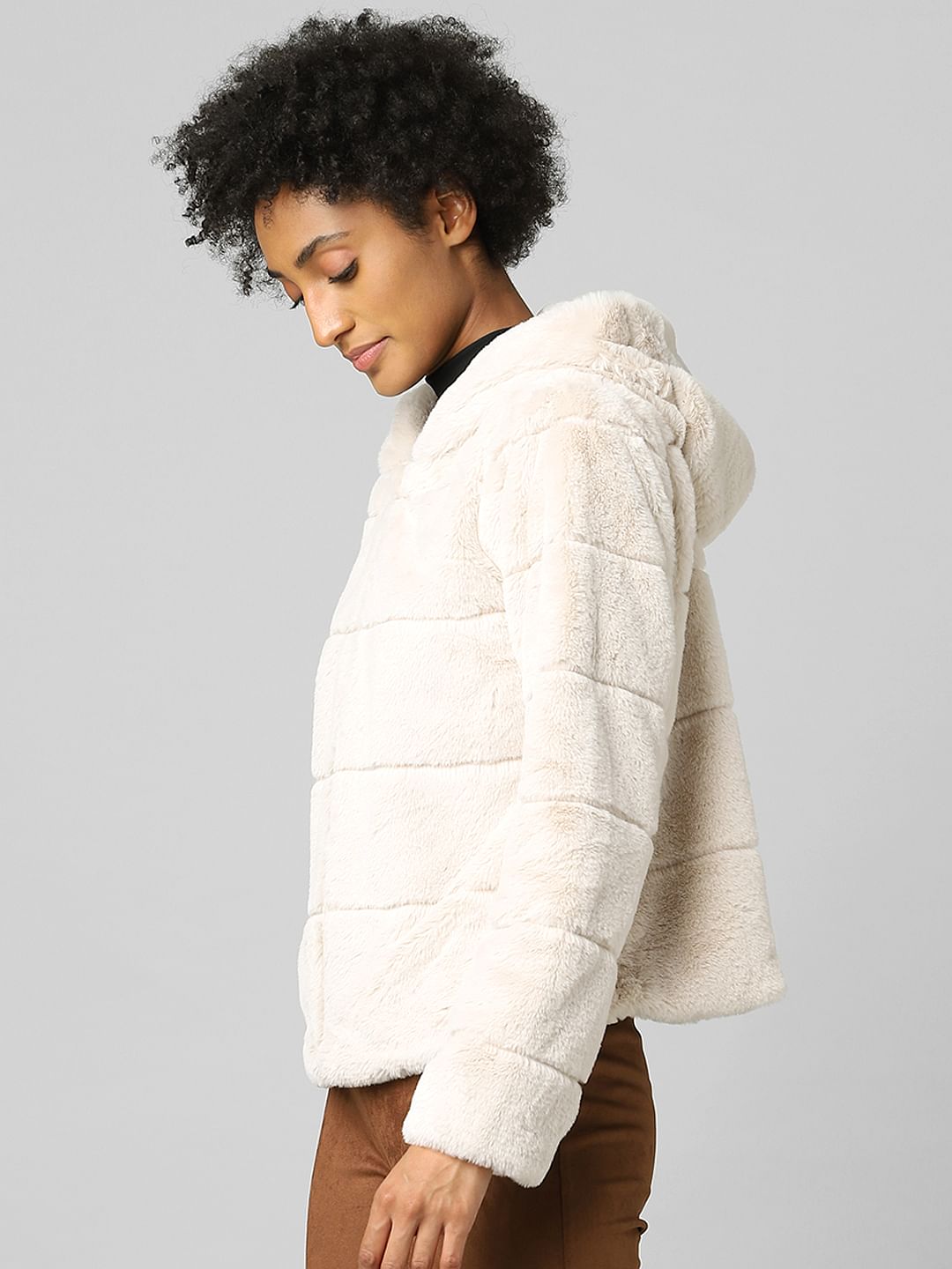 Beige Faux Fur Hooded Jacket