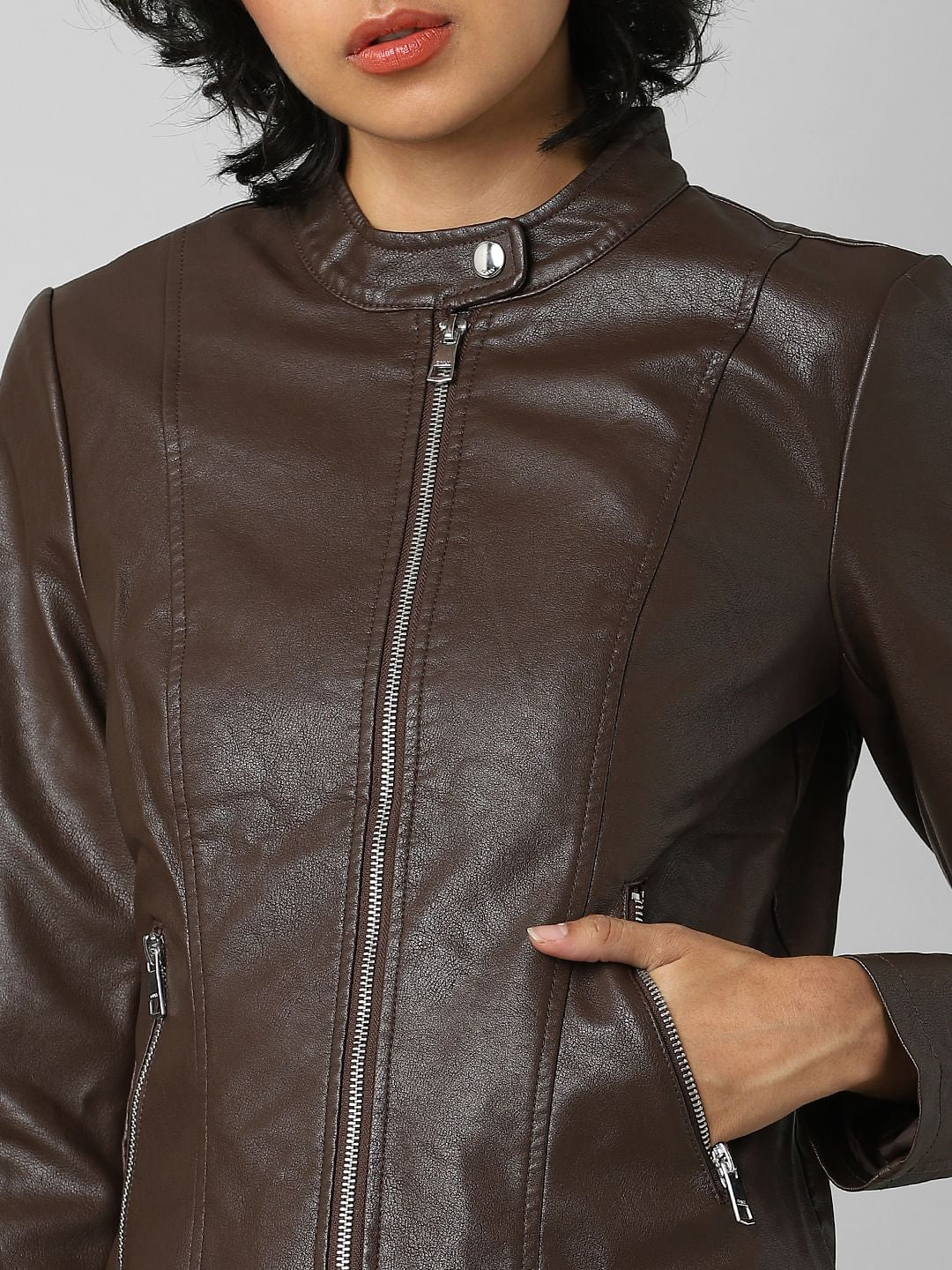 Dark Brown Faux Leather Biker Jacket