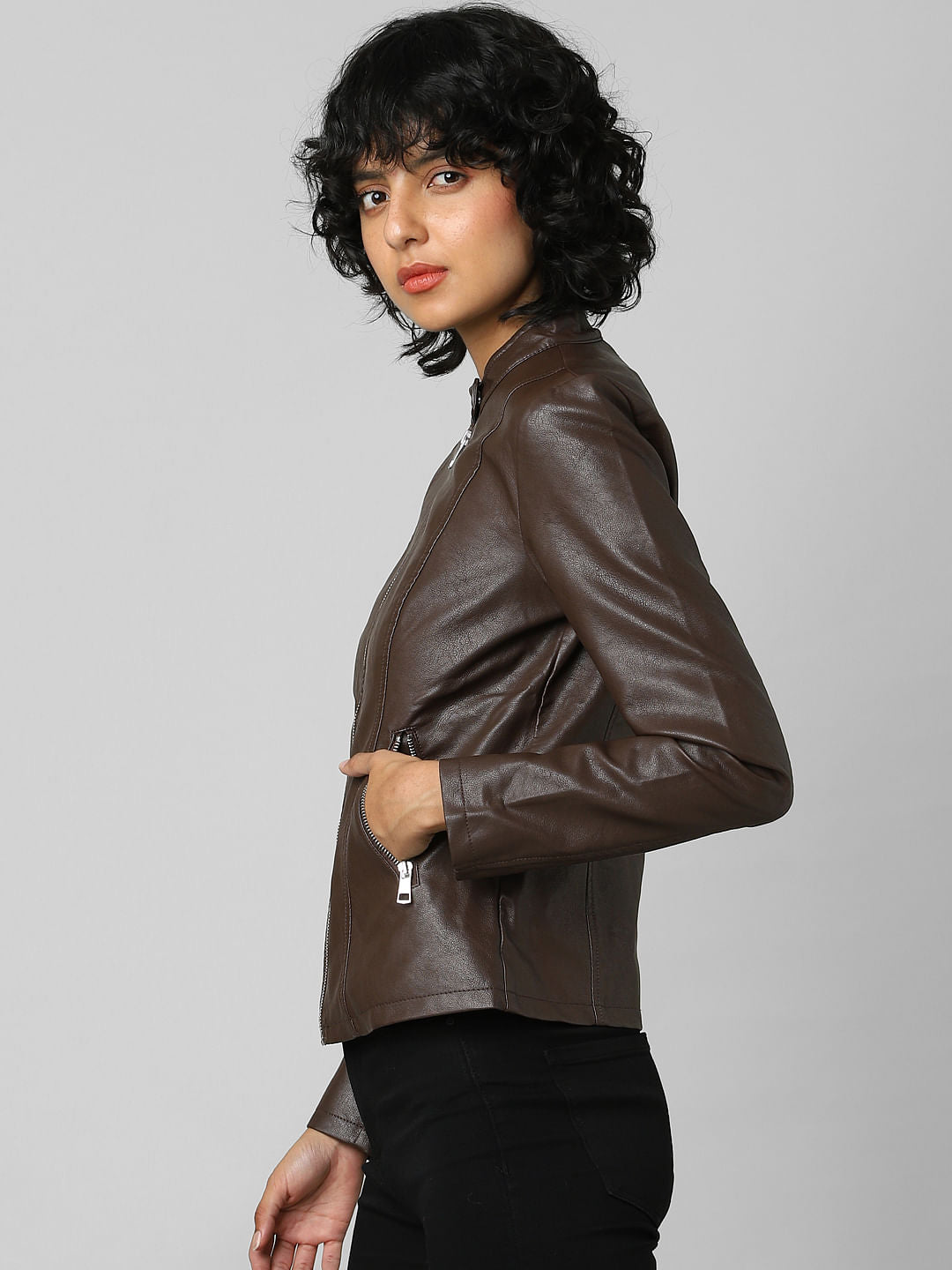 Dark Brown Faux Leather Biker Jacket