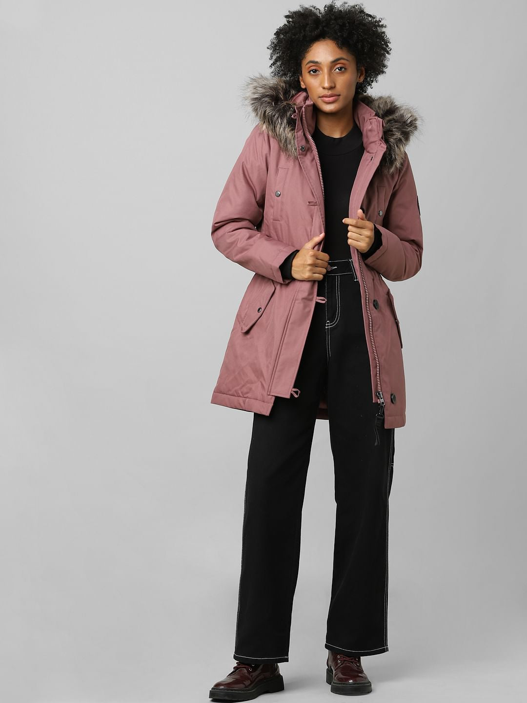 Brown Fur Hooded Parka Jacket