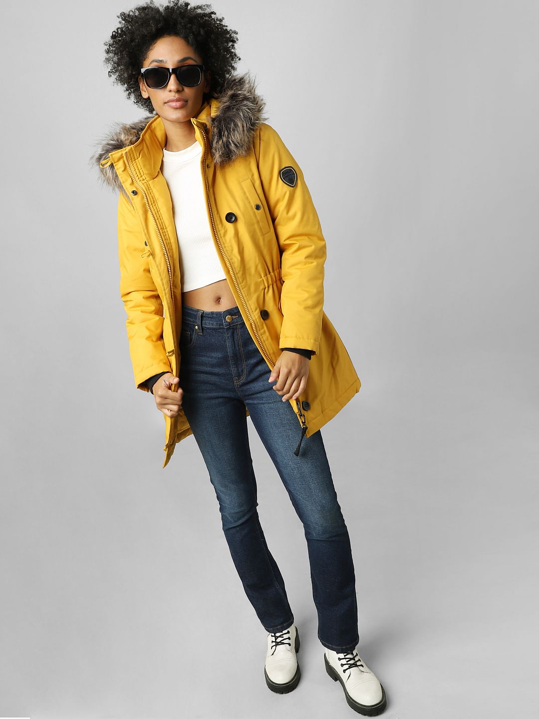 Yellow Fur Hooded Parka Jacket