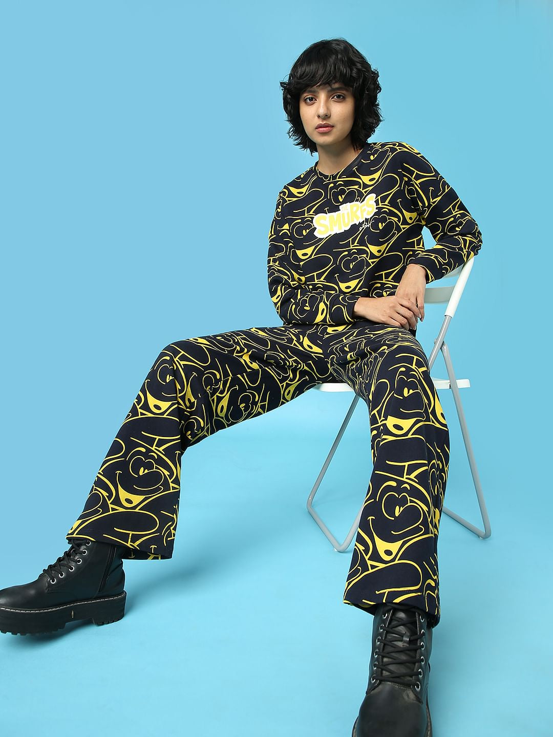 The Smurfs X Only Navy Blue Printed Co-Ord Sweatshirt