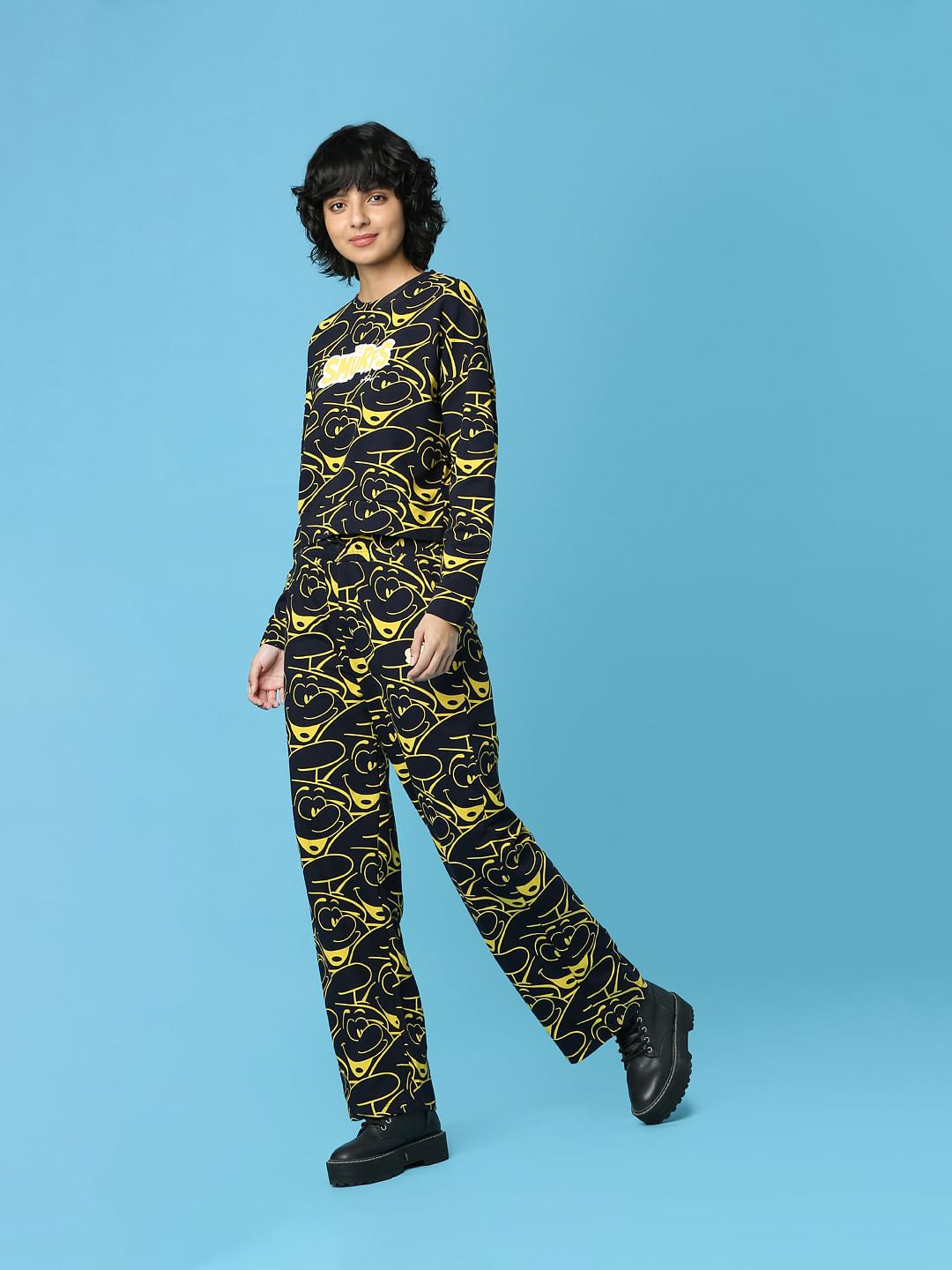 The Smurfs X Only Navy Blue Printed Co-Ord Sweatshirt