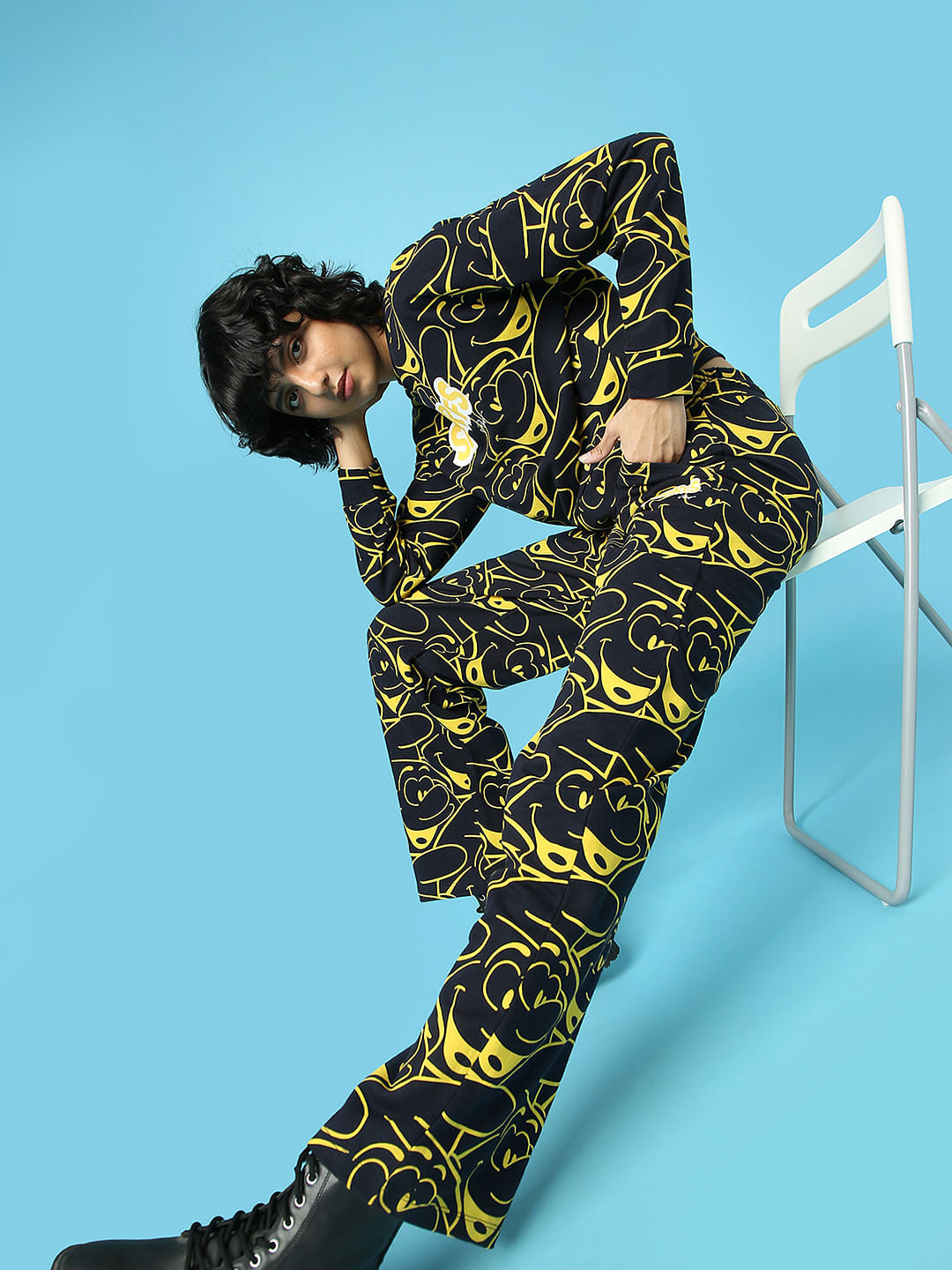 The Smurfs X Only Navy Blue Printed Wide Leg Co-Ord Sweatpants