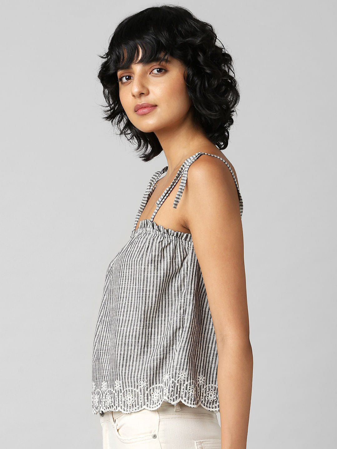 Grey Striped Strappy Schiffli Top