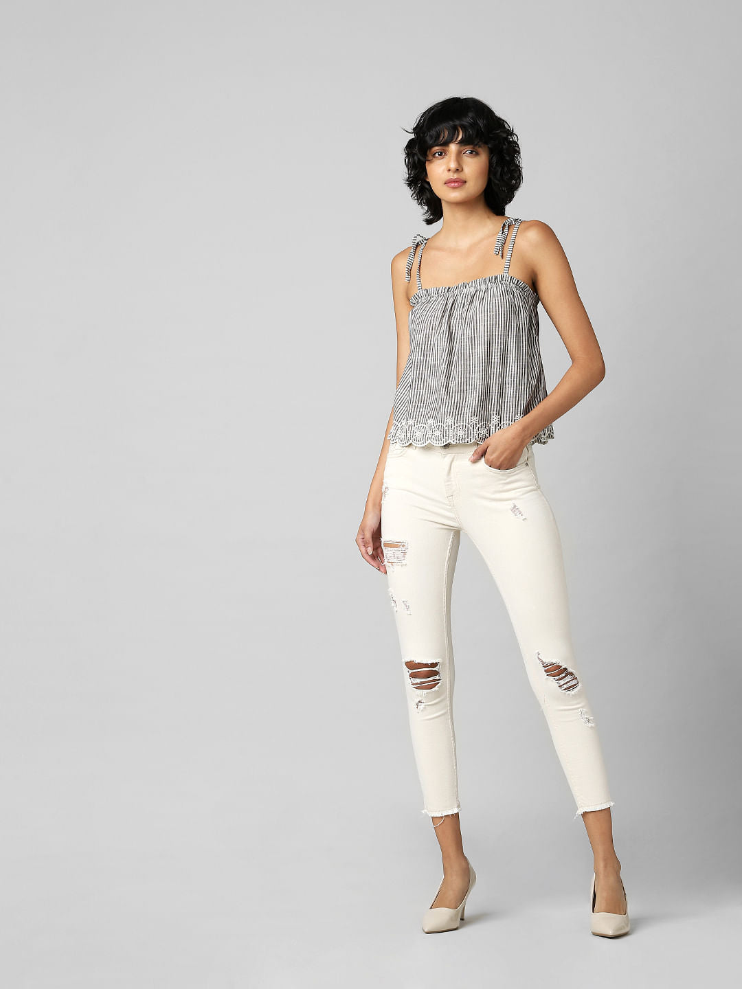 Grey Striped Strappy Schiffli Top