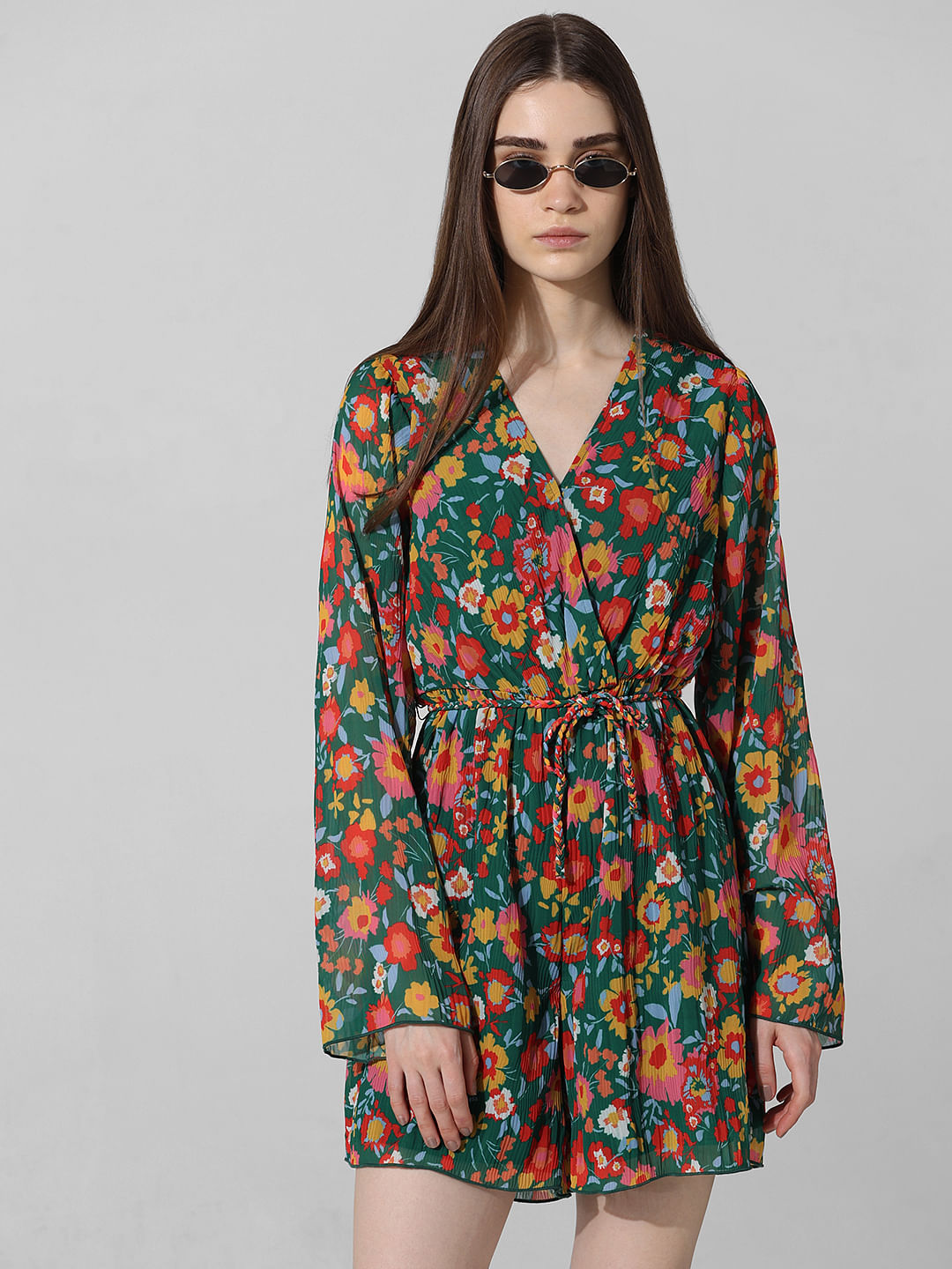 Green Floral Pleated Playsuit