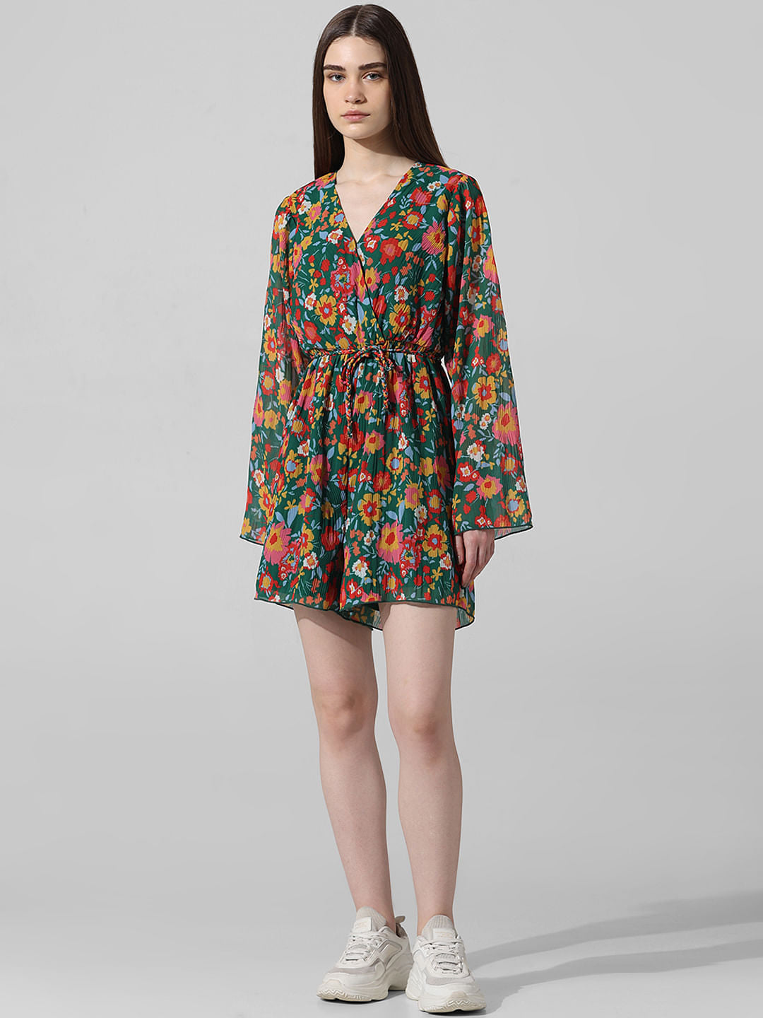 Green Floral Pleated Playsuit