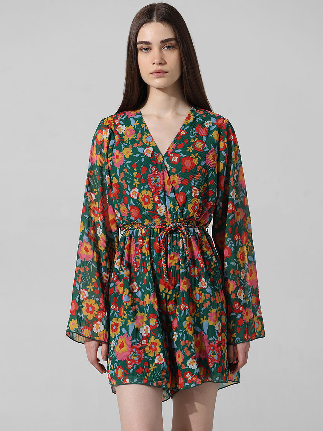 Green Floral Pleated Playsuit