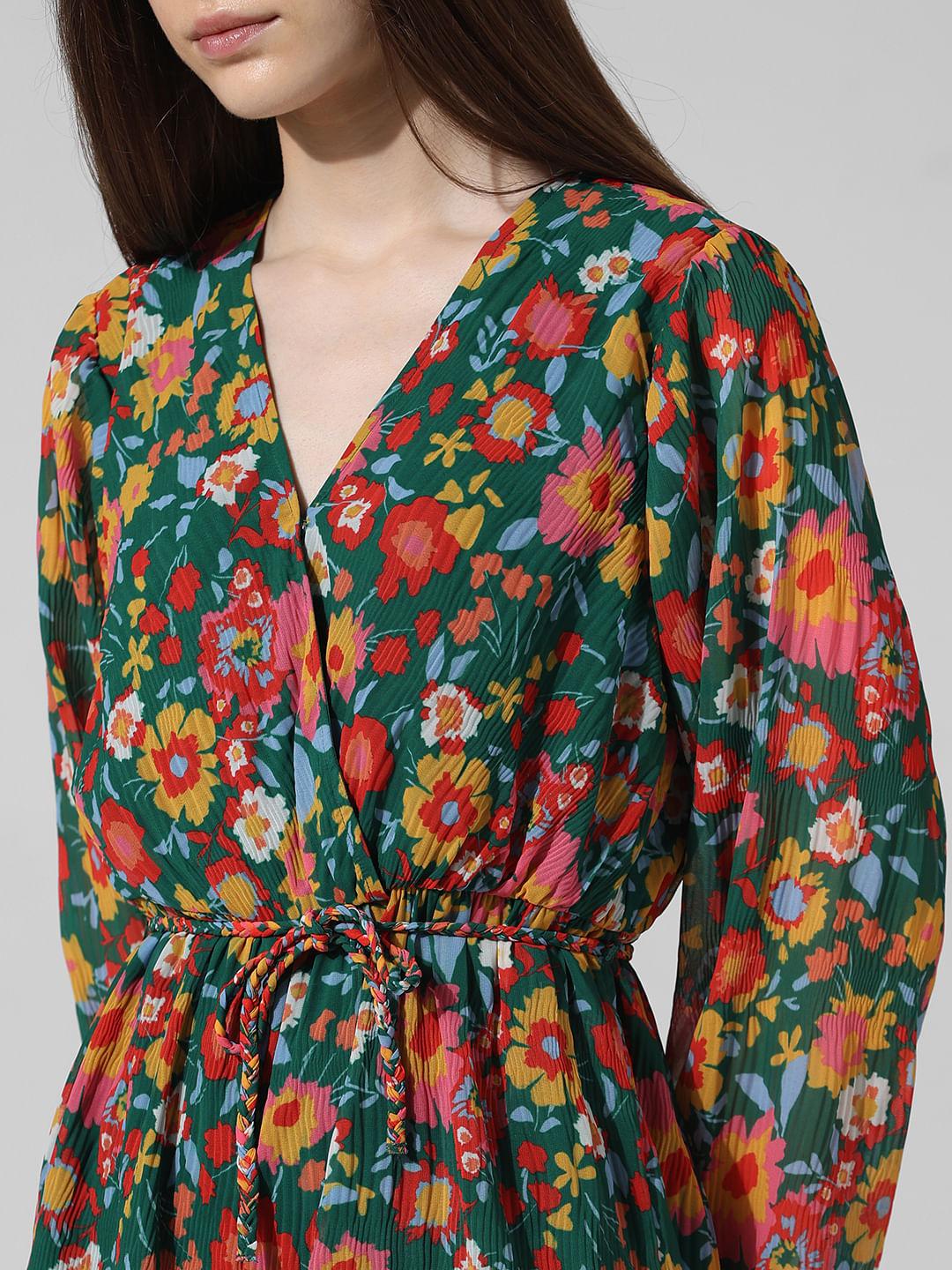 Green Floral Pleated Playsuit