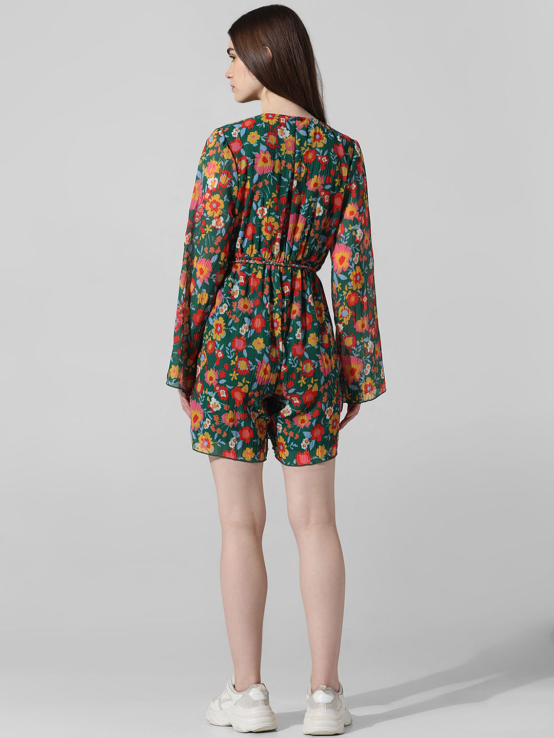 Green Floral Pleated Playsuit