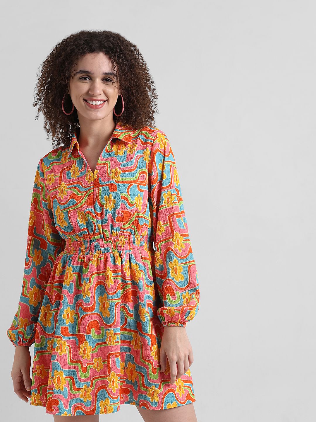 Yellow Abstract Print Shirt Dress