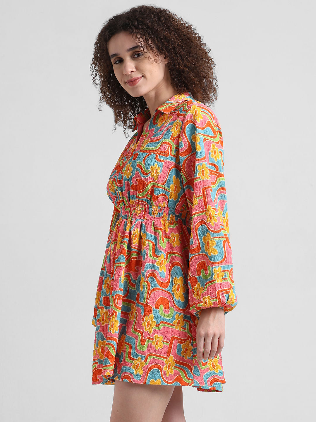 Yellow Abstract Print Shirt Dress