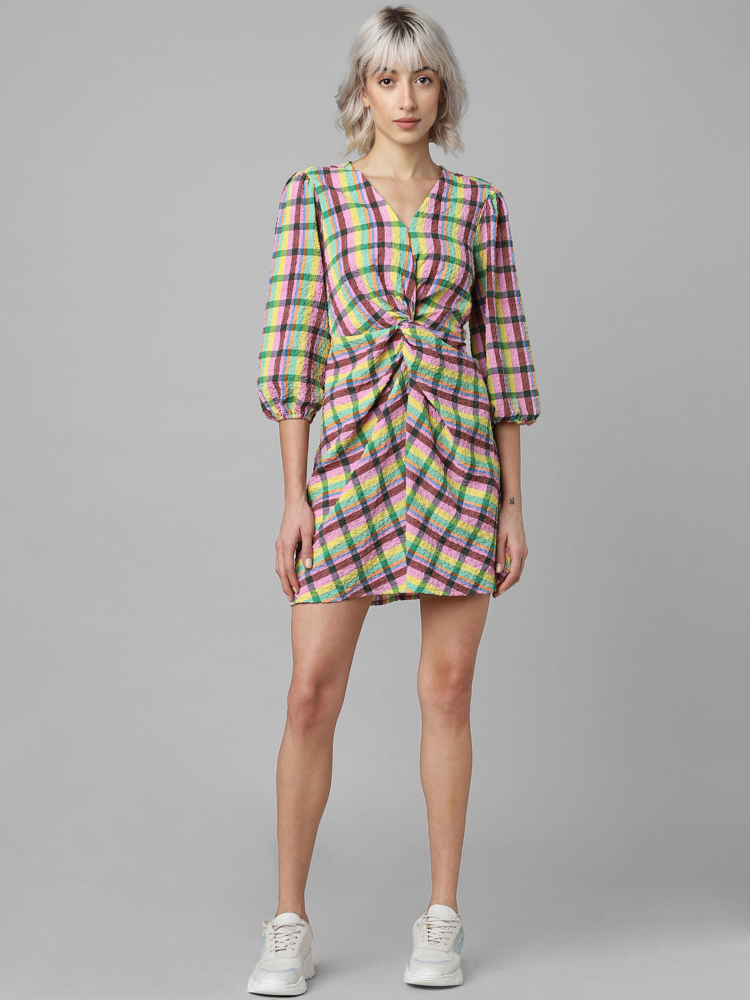 Yellow Check Knot-Detail Mini Dress