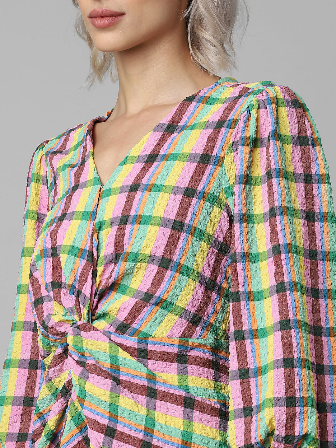 Yellow Check Knot-Detail Mini Dress