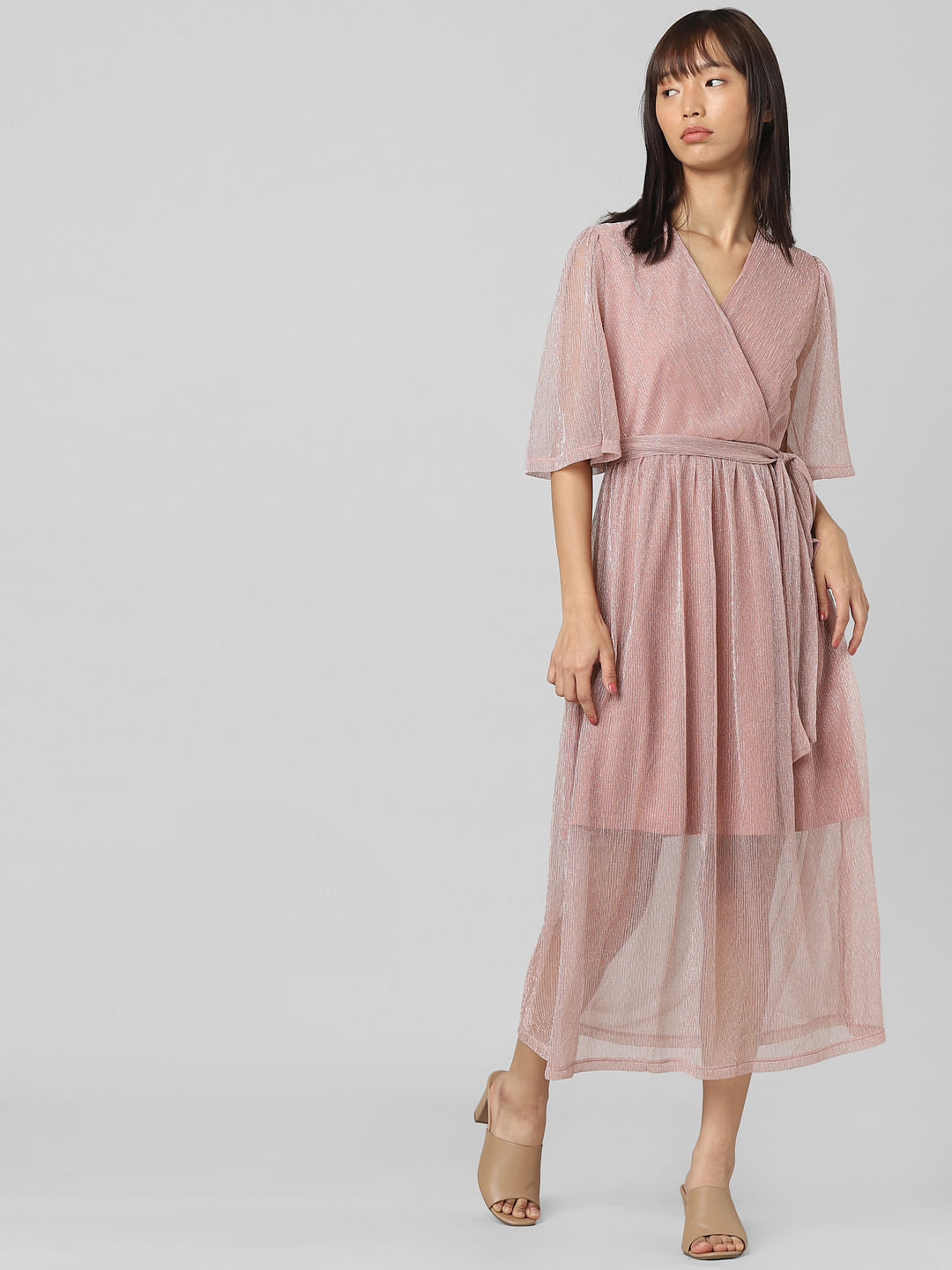 Brown Shimmer Wrap Midi Dress