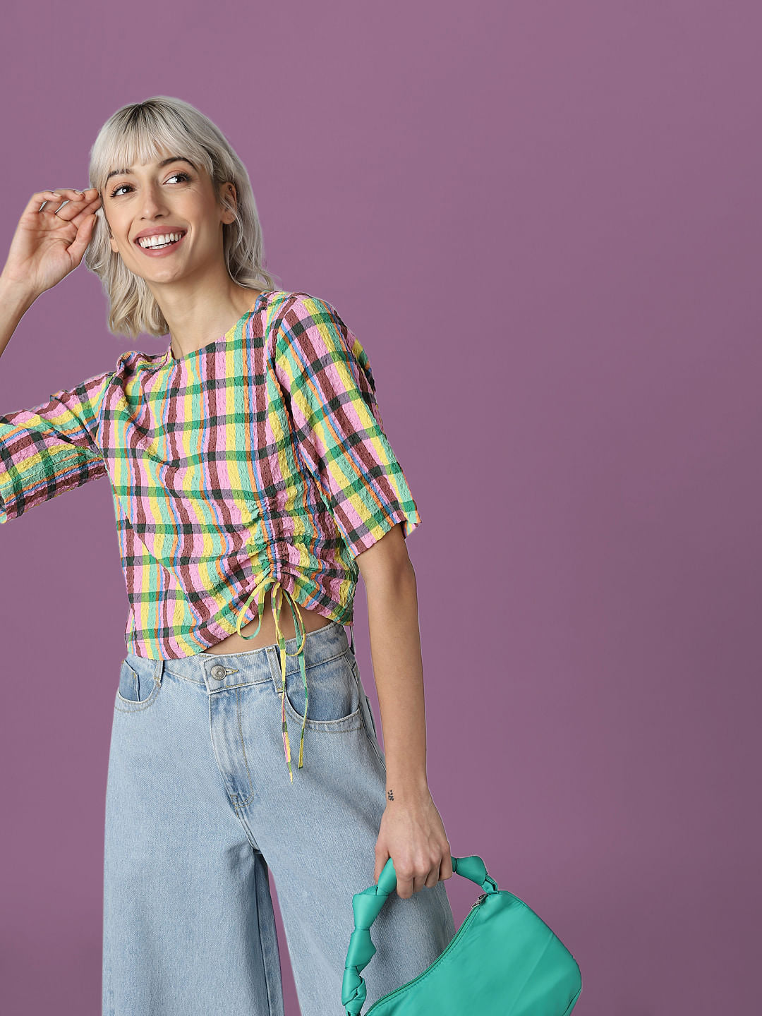 Yellow Check Gathered Top