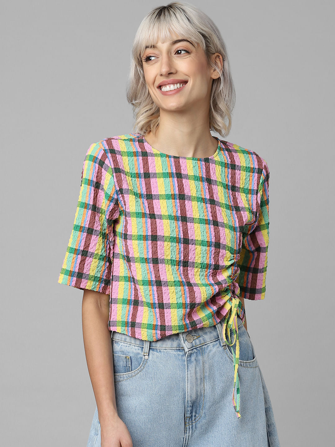 Yellow Check Gathered Top