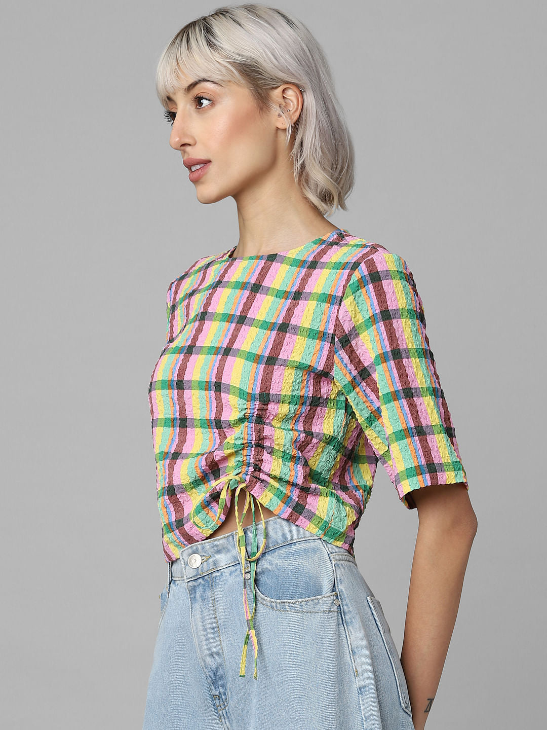 Yellow Check Gathered Top