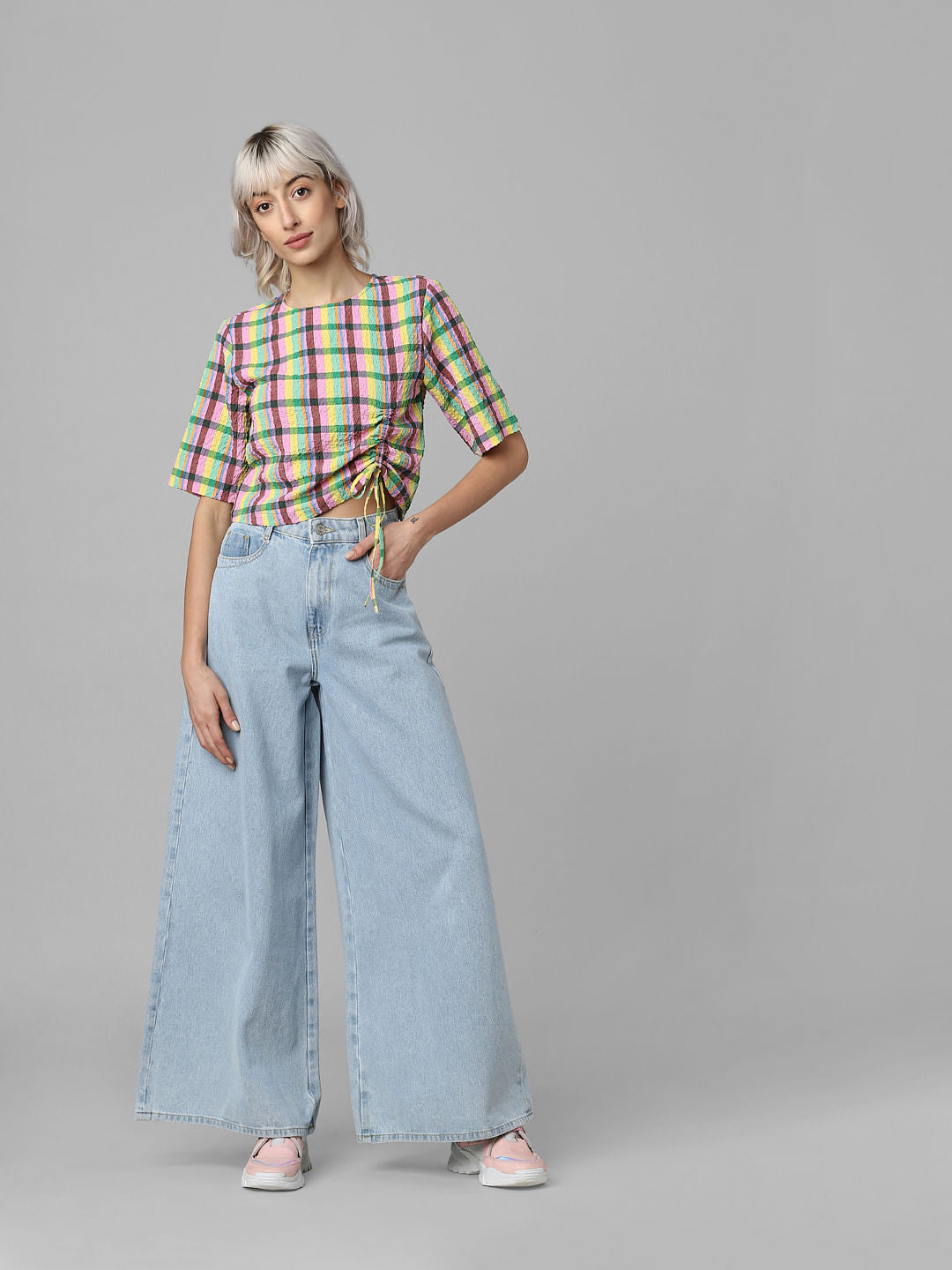 Yellow Check Gathered Top