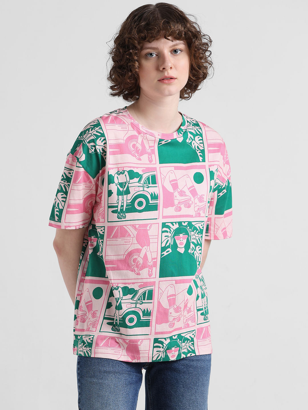 Pink Printed Cotton T-shirt