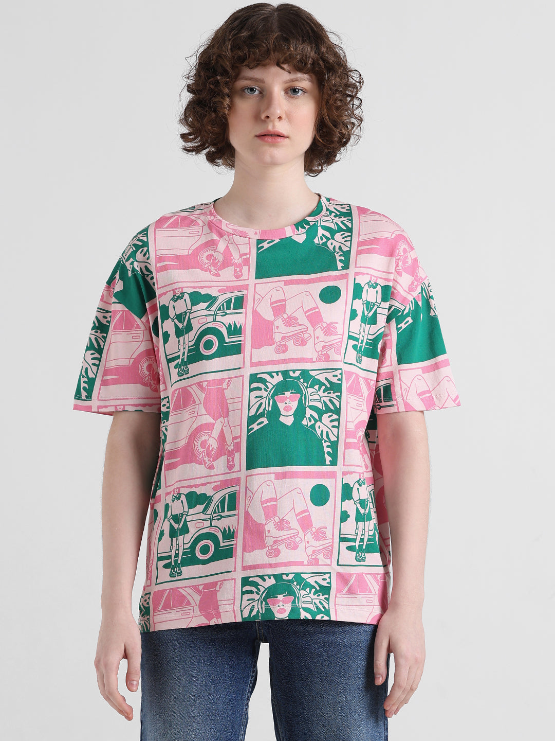 Pink Printed Cotton T-shirt