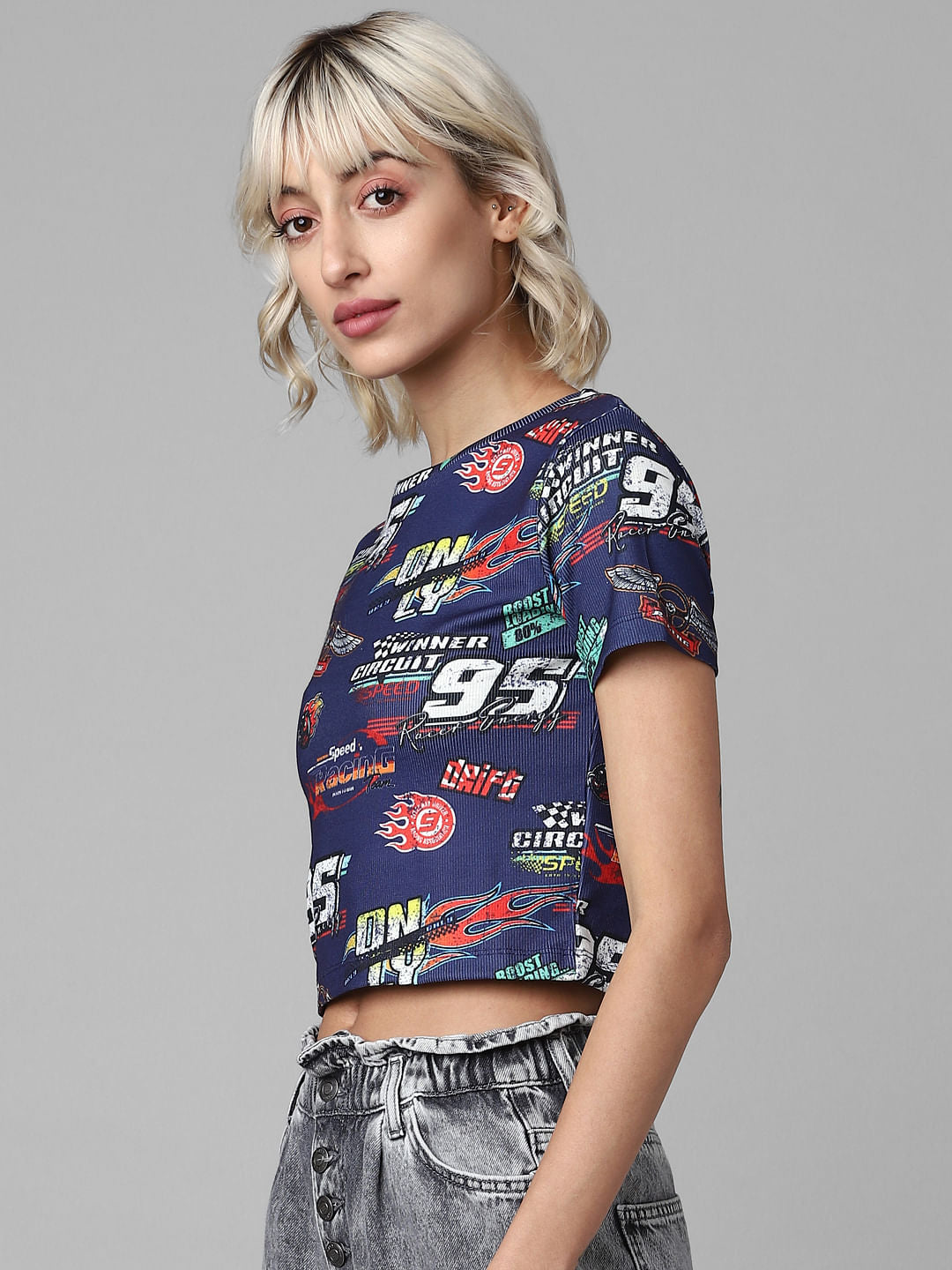 Dark Blue Racer Print Ribbed T-Shirt