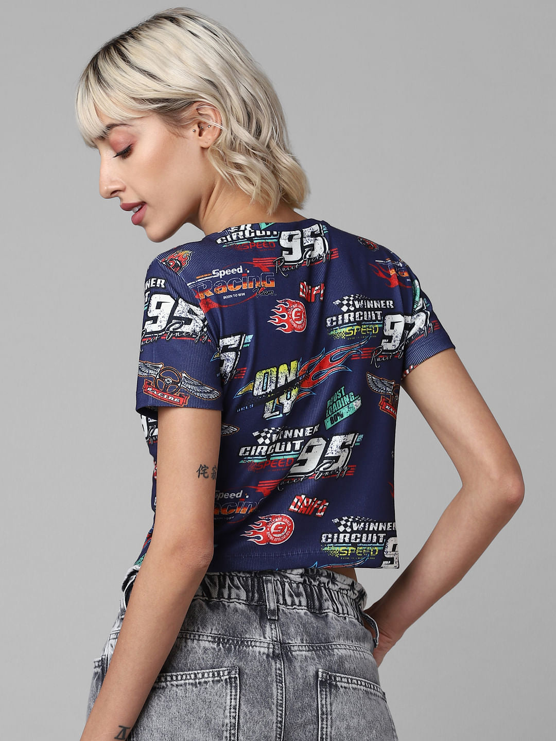 Dark Blue Racer Print Ribbed T-Shirt